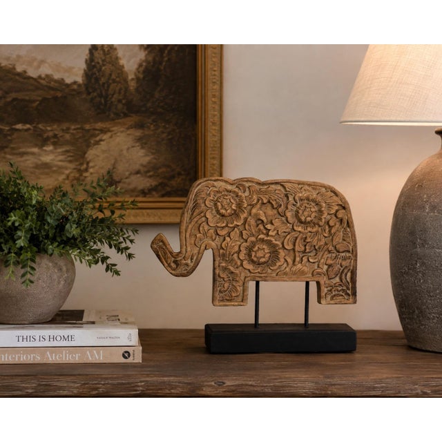Hand-Carved Floral Wood Elephant Sculpture on Black Wooden Stand For Sale In Houston - Image 6 of 7