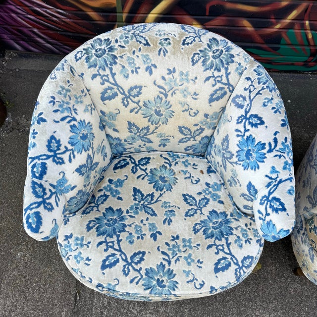 Textile Vintage Barrel-Back Blue Floral Armchair For Sale - Image 7 of 12