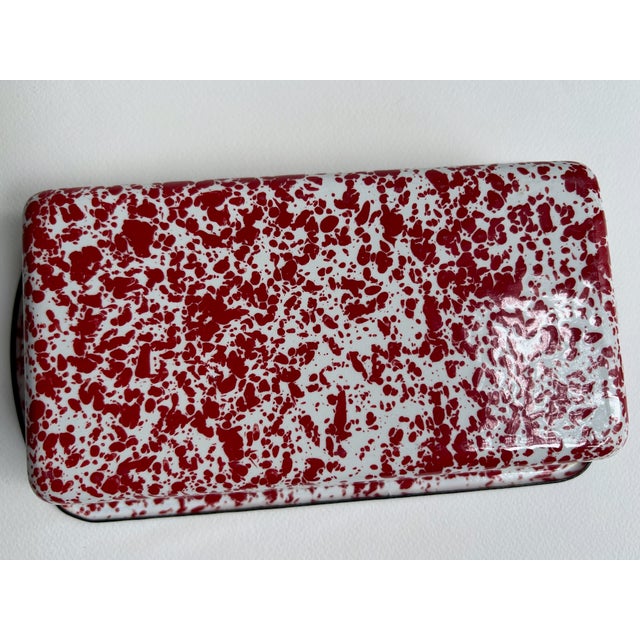 Vintage Red & White Splatter Enamelware Loaf Pan For Sale - Image 12 of 14