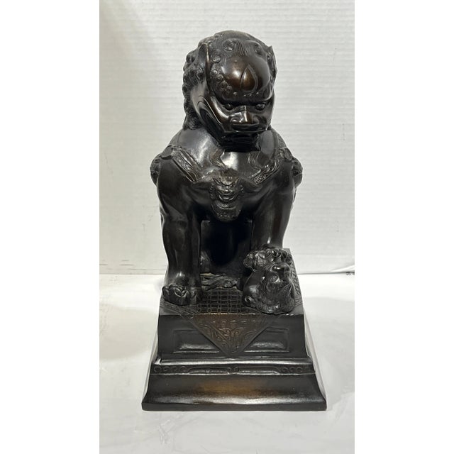 Vintage Patinated Metal Foo Lion Sculptures - A Pair For Sale - Image 11 of 12