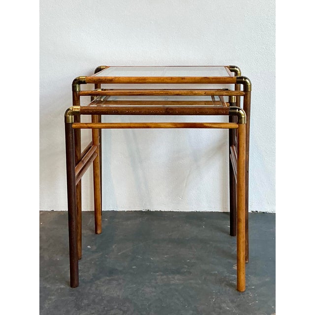 Wood Vintage MCM Burlwood and Brass Nesting Tables - Set of 2 For Sale - Image 7 of 12