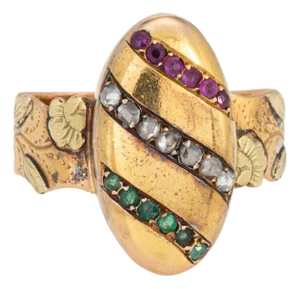 French Belle Epoque Antique Ring Diamond Ruby Emerald Sz 7.5 18k Yellow Gold