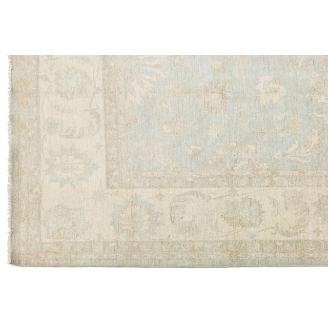 Hand-Knotted Modern Peshawar Wool Rug – Muted Light Blue & Cream Floral Design For Sale - Image 4 of 11