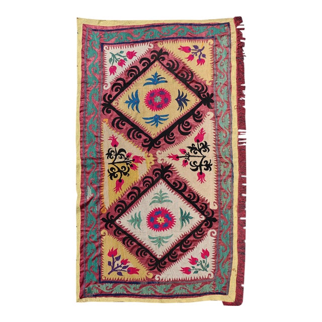 Antique Uzbekistan Suzani Textile With Colorful Geometric Medallion Design For Sale