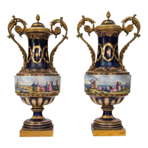 19th Century Monumental Antique Sevres French Porcelain Ormolu Urns 1860 - A Pair