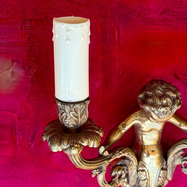 Metal French Louis XV Style Gilt Bronze Cherub Wall Sconces, 1930, Set of 2 For Sale - Image 7 of 18