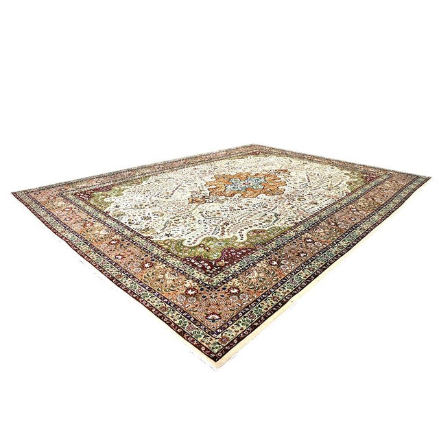 Antique Persian Tabriz Pahlavi Wool 10X13 Ivory, Green, Pink & Taupe Handmade Area Rug #9902869 For Sale - Image 4 of 13