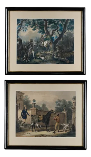Carle Vernet, Hunting Scene, Colored Engravings Enhanced with Gouache, 1830, Set of 2