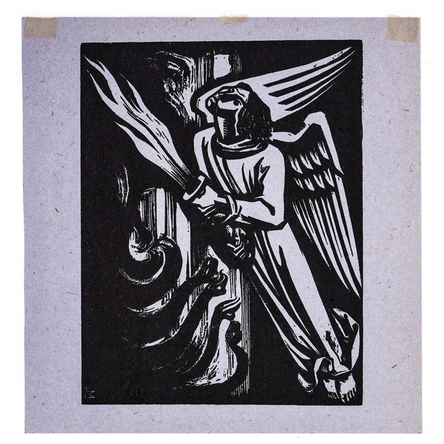 Biblical woodcut by German artist Walter Mellman (1910-2001) "St. Michael" woodcut on paper. Unsigned, with original...