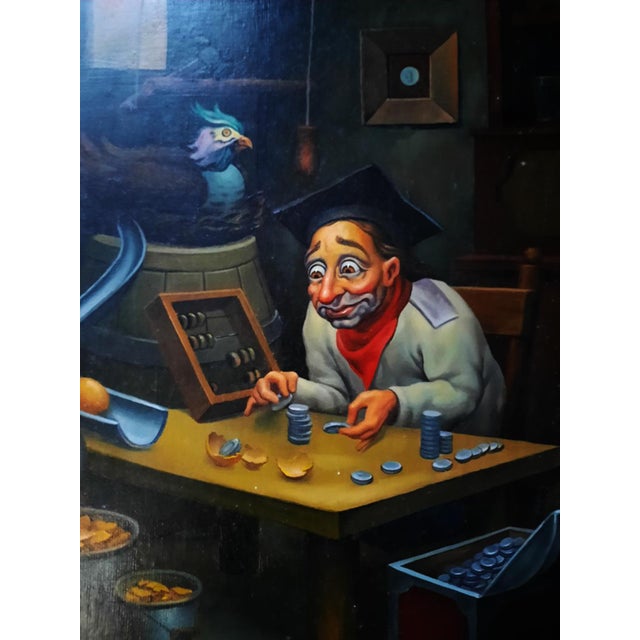 Surrealism 1990s Anatolii Kozelsky Surrealist Oil Painting the Alchemist or Money Counting Scholar For Sale - Image 3 of 5