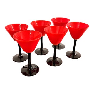 Vintage 1930's Art Deco Red & Black Cordial Cocktail Glasses - Set of 6 For Sale