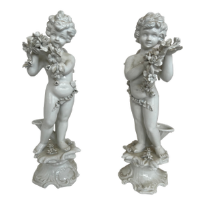 Mid-Century Italian Porcelain Cherub Figures With Floral Garlands Vases a Pair