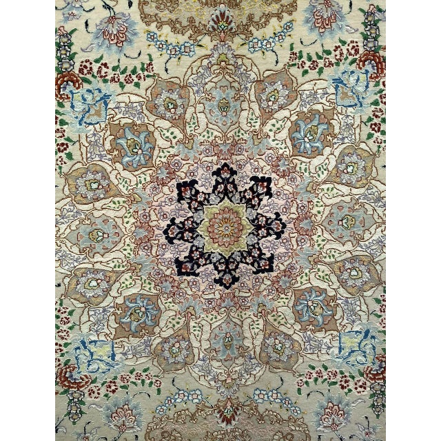 Beige Vintage Persian Tabriz Rug, Finely Hand-Knotted Wool & Silk, Floral Pattern, Ivory & Blue, 7x10 For Sale - Image 8 of 12
