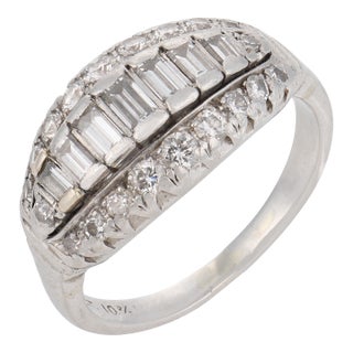 Mid Century Baguette and Round Diamond Platinum Ring, Size 5.75 For Sale