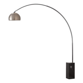 Iconic 92" Arc Floor Lamp, Mid-Century Modern, Black Nickel, Satin Nickel Shade, Black Marble Base For Sale