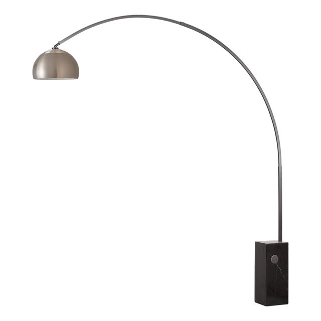Iconic 92" Arc Floor Lamp, Mid-Century Modern, Black Nickel, Satin Nickel Shade, Black Marble Base For Sale