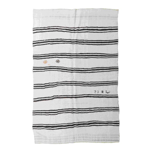 Vintage Striped Turkish Black White Hemp Kilim Rug - 6`4" X 9`1" For Sale