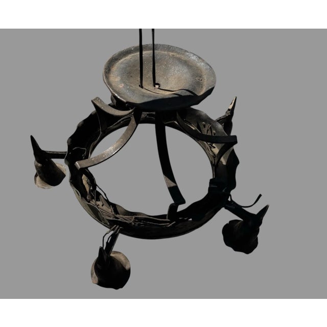 Vintage Cast Metal Arts & Crafts Style Round Hanging Chandelier Light Fixture For Sale - Image 6 of 9