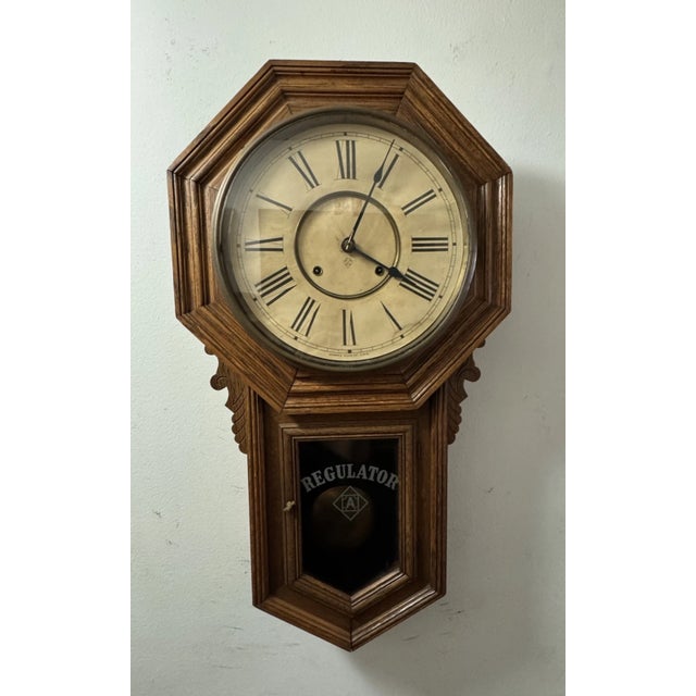 Victorian Antique Ansonia “Regulator A” Schoolhouse Style Regulator Wall Clock For Sale - Image 3 of 10