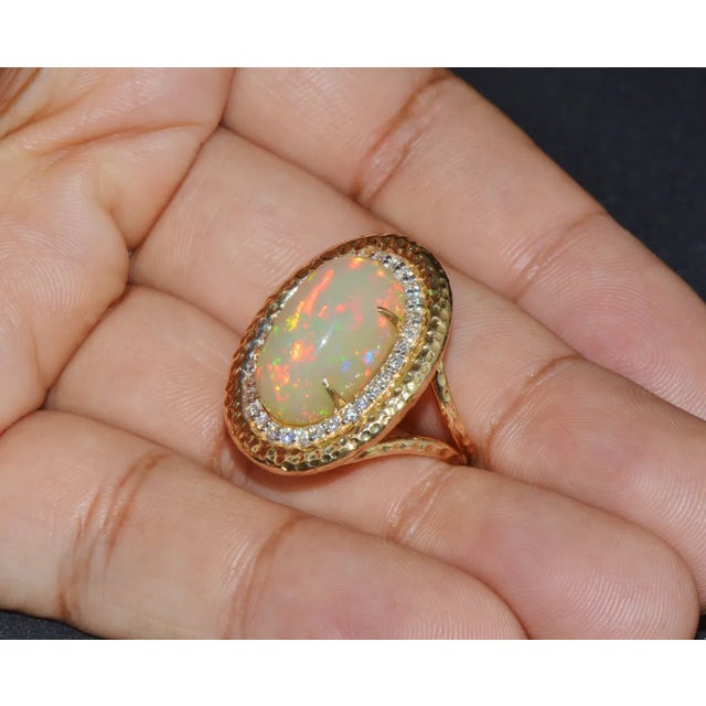 Gemstone Certified Natural 7.44Cts VS F Diamond Opal Cocktail Halo Hammered 18K Solid Gold Ring, size 6.75 For Sale - Image 7 of 10