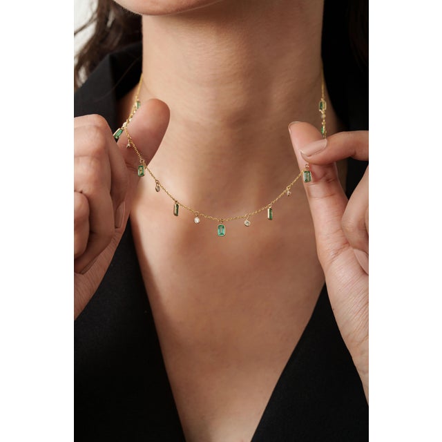 Green 2.4ct Emerald & Diamond Drop Charm Necklace in 14k Yellow Gold For Sale - Image 8 of 15