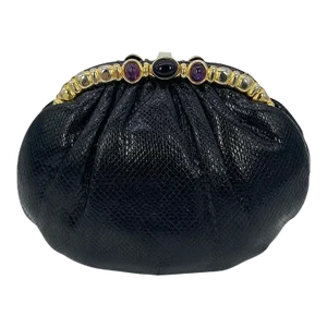 Judith Leiber Black Lizard Purple & Black Gemstone Top Clutch