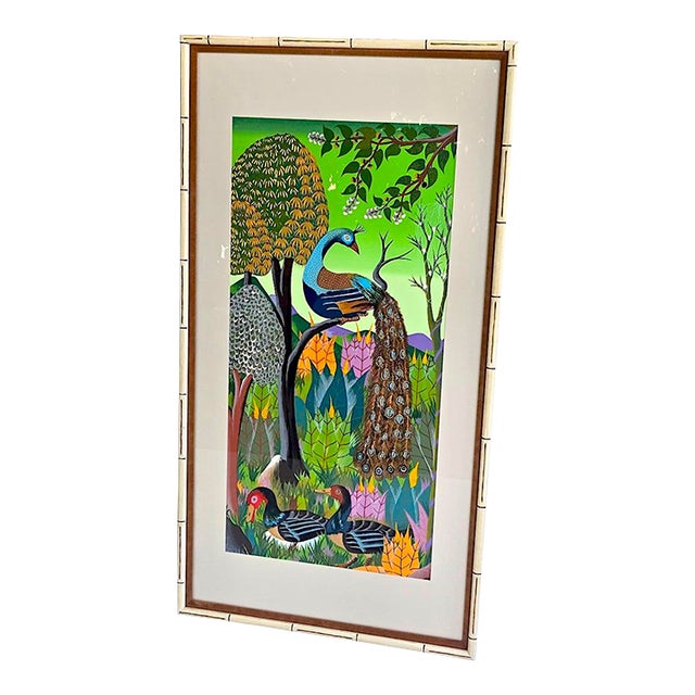1970s Adam Leontus Art Naif Framed Serigraph Screen Print: Peacock For Sale