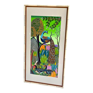 1970s Adam Leontus Art Naif Framed Serigraph Screen Print: Peacock