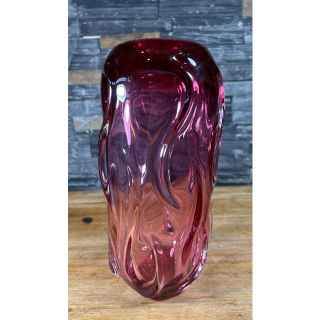 Pink Art Glass Vase With Textured Swirls For Sale - Image 11 of 12