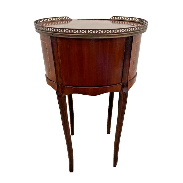 1920s Oval Accent Table Nightstand Three Drawers, Inlays, Brass Accents French Style For Sale In Palm Springs - Image 6 of 12