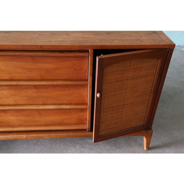 1960s Lane Rhythm Walnut and Cane Dresser Cabinet Credenza Mid Century Modern 66" For Sale - Image 9 of 14
