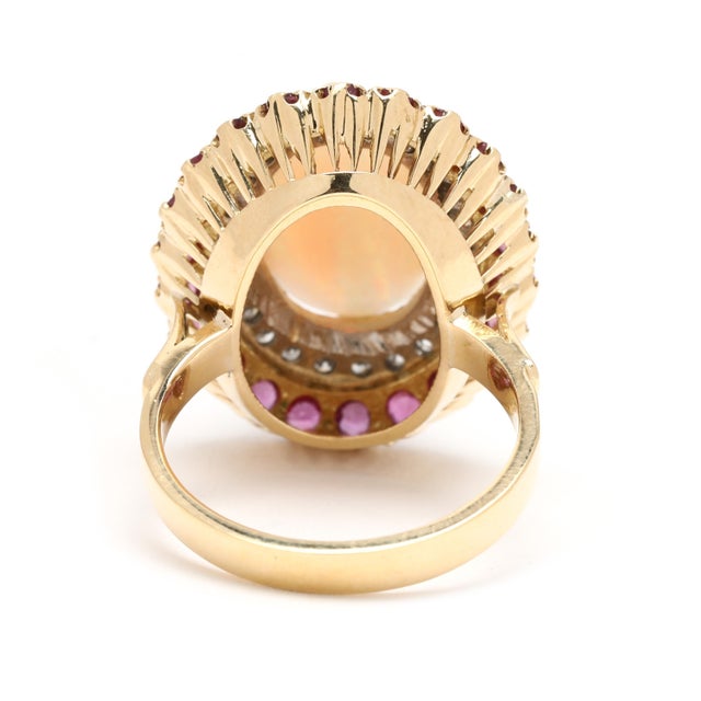 Modern 1.56ctw Opal, Diamond & Ruby Cocktail Ring, 18k Yellow Gold, Ring Size 7.5 For Sale - Image 3 of 6