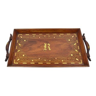 Late 20th Century Handmade Large Wooden Butler Serving Tray With Floral Brass Copper Motif and Handles For Sale