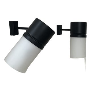 Vintage Matte Black Metal and Opaline Glass Adjustable Wall Lights, France, 1950, Set of 2 For Sale
