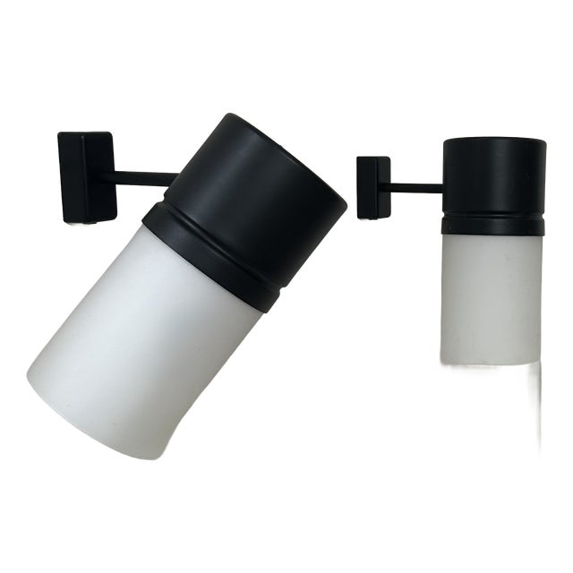 Vintage Matte Black Metal and Opaline Glass Adjustable Wall Lights, France, 1950, Set of 2 For Sale