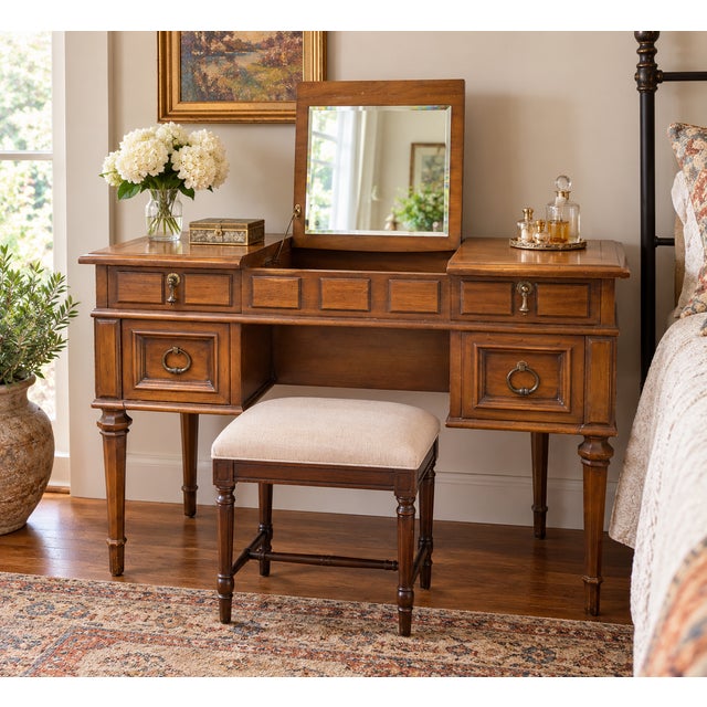 Vintage 1960s Drexel Esperanto Poudre Pecan Wood Vanity With Lift-Up Mirror For Sale - Image 12 of 12