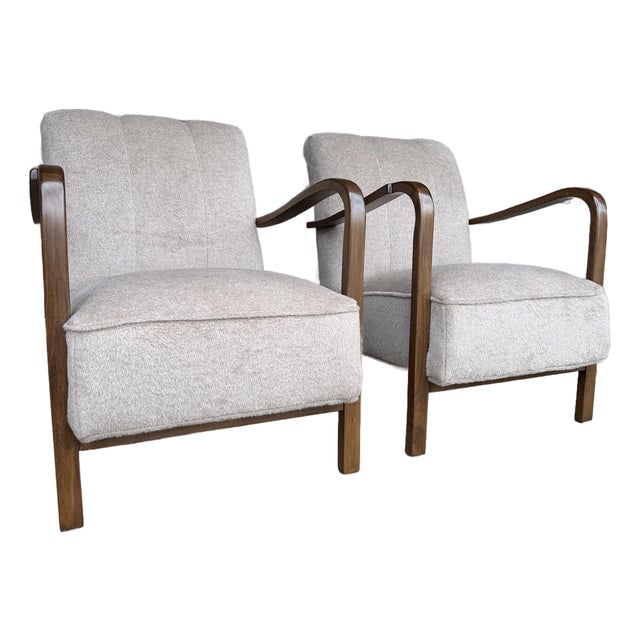 Pair of Restored European Modern Lounge Chairs in Teddy Mohair Style Fabric For Sale