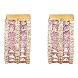 Pink Sapphire and Diamond Huggie Hoop Earring in 18k Gold - 2 Pieces For Sale