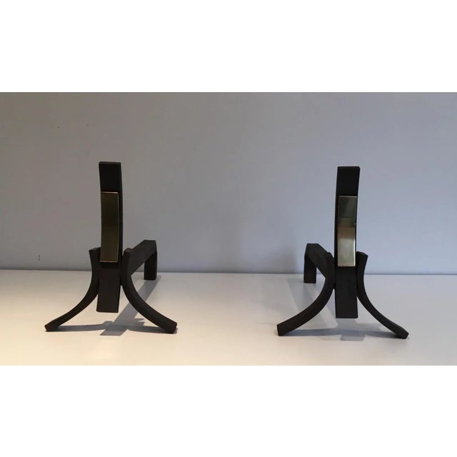 Black Brushed Steel and Brass Andirons, circa 1950 - A Pair For Sale - Image 8 of 13