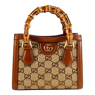 Gucci Diana Crystals Small Gg Canvas Camel Leather Bamboo Handle Tote Bag For Sale