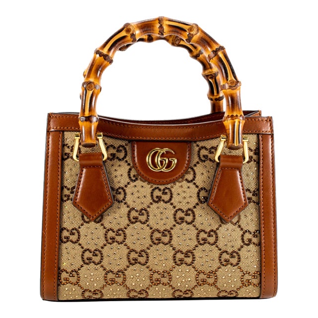 Gucci Diana Crystals Small Gg Canvas Camel Leather Bamboo Handle Tote Bag For Sale