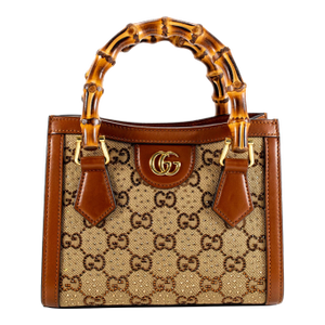Gucci Diana Crystals Small Gg Canvas Camel Leather Bamboo Handle Tote Bag