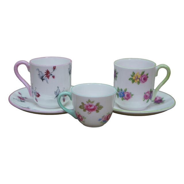 Vintage Shelley England Porcelain Bone China Floral Demitasse Cups Saucers - 5 pcs For Sale
