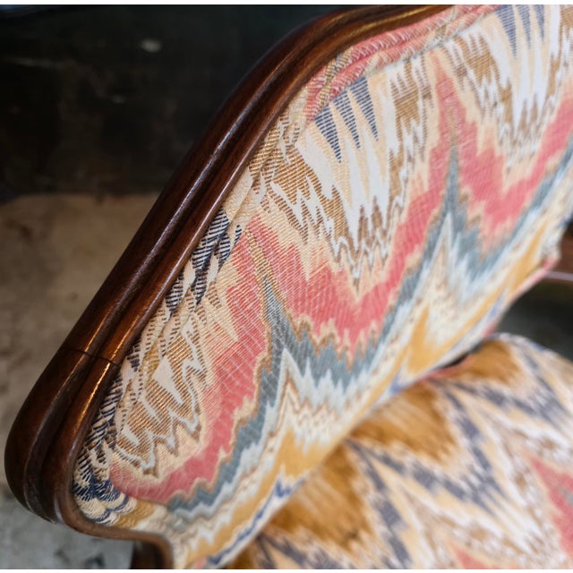 Pair of Mid-Century French Louis XV Style Walnut Bergère Fauteuils With Ikat Upholstery For Sale - Image 11 of 13