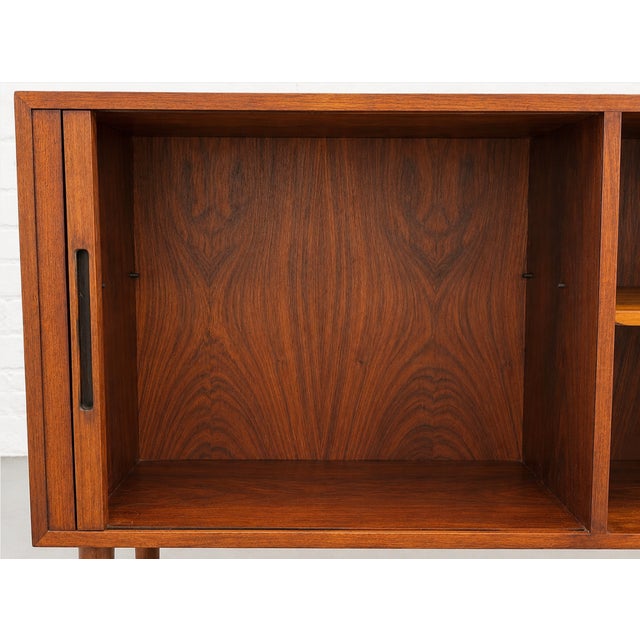 Wood Danish Rosewood Mid Century Modern Credenza | Tambour Door Media Cabinet | Scandinavian Storage Console, C. 1960’s For Sale - Image 7 of 16