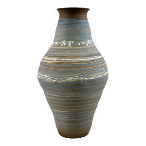 Vintage Handmade Pottery Vase With Blue & Earth-Tone Swirl Glaze