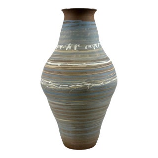 Vintage Niloak Mission Pottery Vase With Blue & Earth-Tone Swirl Glaze For Sale
