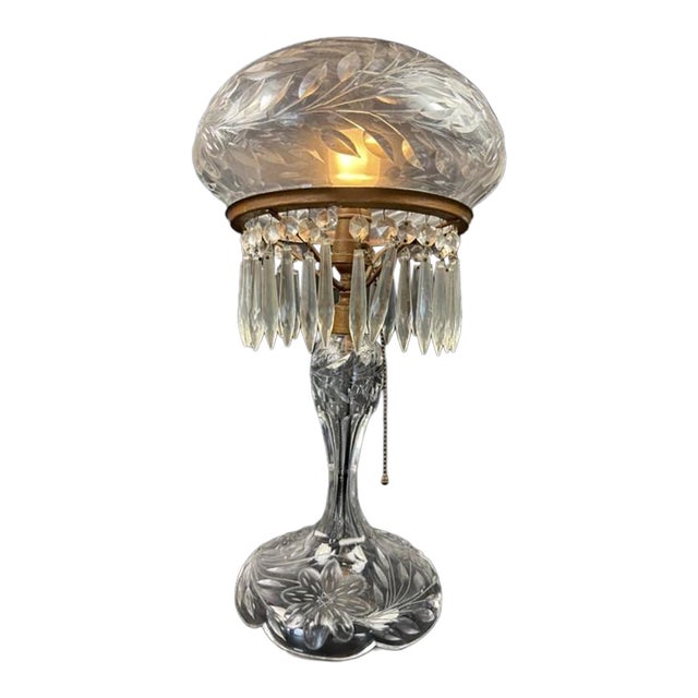 Antique Wheel Cut Crystal Mushroom Shade Table Lamp W Lustres 19", Art Deco 1930 For Sale