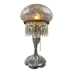 Antique Wheel Cut Crystal Mushroom Shade Table Lamp W Lustres 19", Art Deco 1930