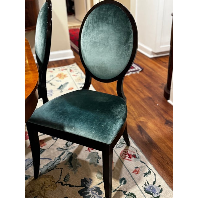 Henkel-Harris Oval Back Side Chair in Brown with blue/green velvet upholstery. We love these chairs because we heard...